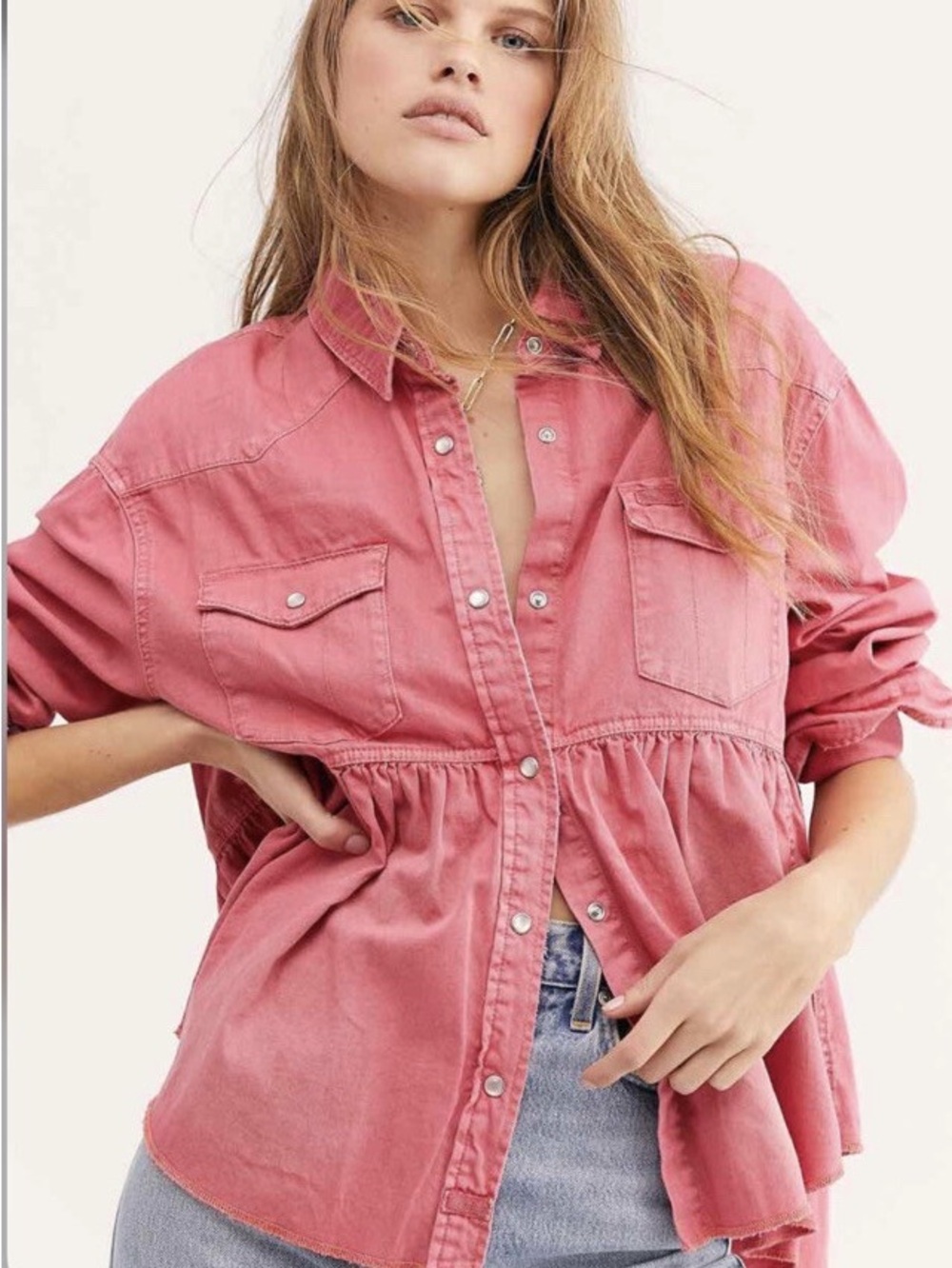 Free People Dylan Babydoll Pink Button-Front Peplum Shirt